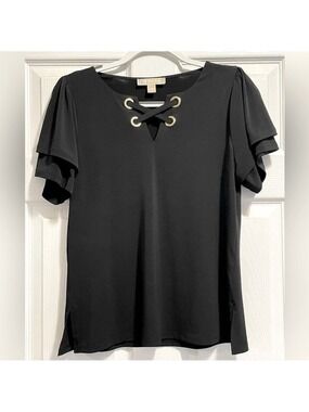 Michael Kors Black Top Gold Rings Criss Cross Front V Neck Short Sleeve Blouse M